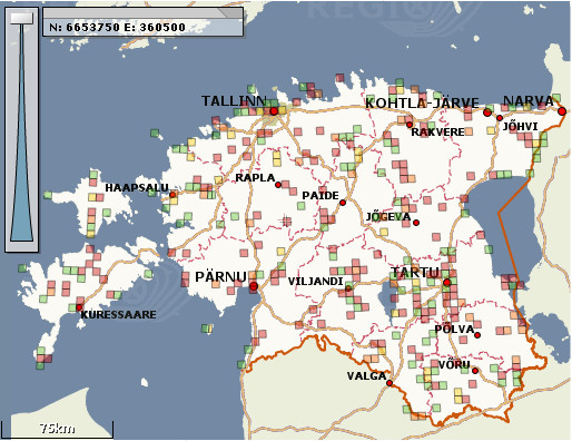 Kaldapääsukese levik Eestis 2003-2009. Allikas: www.eoy.ee/atlas Kaldapääsukese levik Eestis 2003-2009. Allikas: www.eoy.ee/atlas